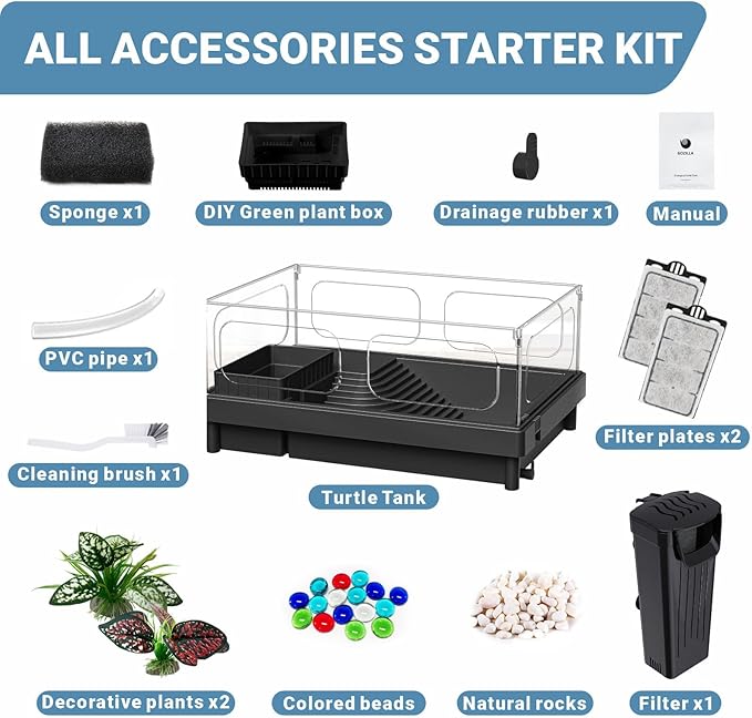 GOZILLA Small Turtle Tank Kit(Tank+Lamp+Filter), Acrylic Turtle Starter Kit with Adjustable Lamp, Reptile Habitat and Terrarium with Multi-Functional Areas for Small Reptiles. (Black Kit)-PawvioPets