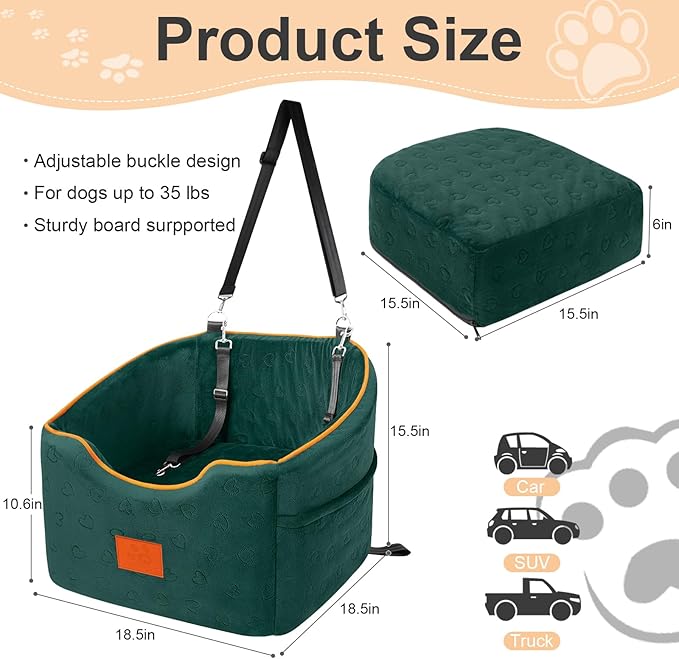 Dog Car Seat for Small Dogs, Memory Foam Booster Dog Seat for Dogs up to 35 lbs, Elevated Pet Car Seat, Travel Safety Pet Seat with Washable Removable Cover, Storage Pockets (Green)-PawvioPets