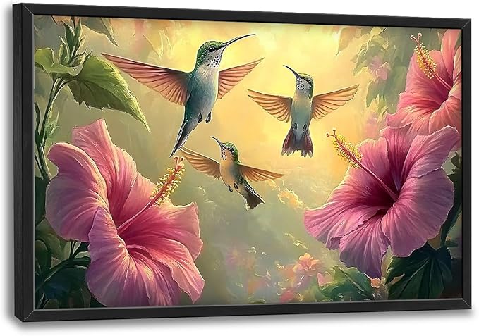 Framed Large Hummingbird Wall Art for Living Room, Oversized Rustic Bird Flower Wall Decor Floral Canvas Painting Nature Sunrise Pictures Modern Artwork for Bedroom Office Dinging Room 36"x24"-PawvioPets