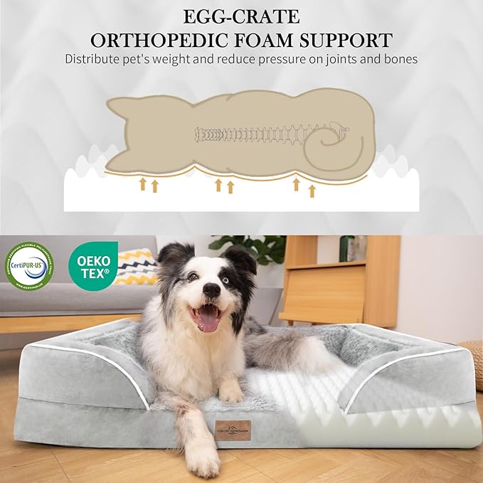 Comfort Expression Medium Dog Beds Waterproof Orthopedic Foam Dog Sofa Beds for Medium Large Dogs Comfy Pet Bed with Washable Removable Cover & Non-Slip Bottom(Medium,Grey White)-PawvioPets