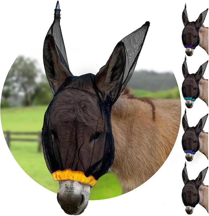 Donkey Fly Mask with Long Ears (Orange) Made in USA - Mule Fly Mask with Ears Protection from Insects and Bugs, Small Donkey Soft Mesh Fabric with Adjustable Fastener, Face Cover Supplies for Donkeys-PawvioPets