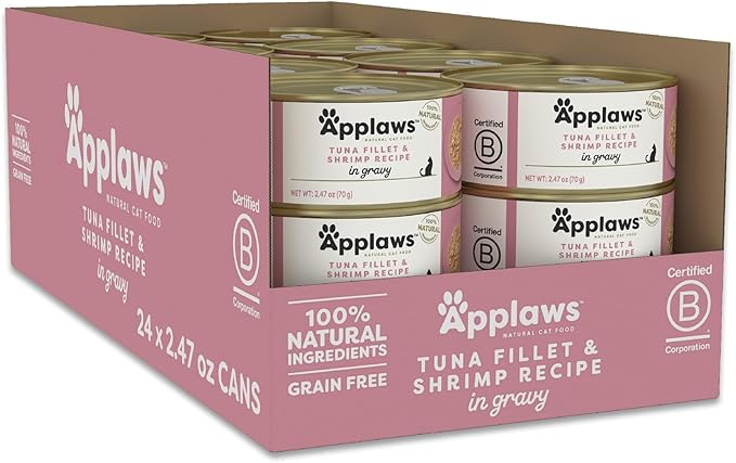 Applaws Natural Wet Cat Food in Gravy, Limited Ingredient Canned Wet Cat Food, No Additives, Made with Natural Ingredients, Tuna Fillet & Shrimp in Gravy (24 x 2.47oz Cans)-PawvioPets
