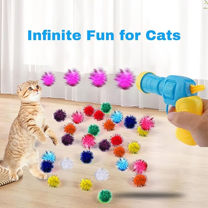 Dorhui Cat Toy Gun Launcher - 30 Pcs Sparkle Pom Pom Balls and Ball Launcher, Fetch Toy Gun Shooter, Interactive Glitter Balls for Indoor Cats and Kitty Gifts-PawvioPets