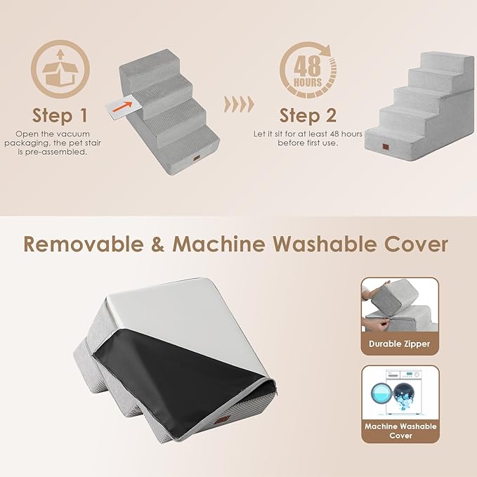 EHEYCIGA Dog Stairs for High Bed 22.5" H, 5-Step Dog Steps for Bed, Pet Steps for Small Dogs and Cats, Non-Slip Balanced Pet Ramp Indoor, Light Grey-PawvioPets