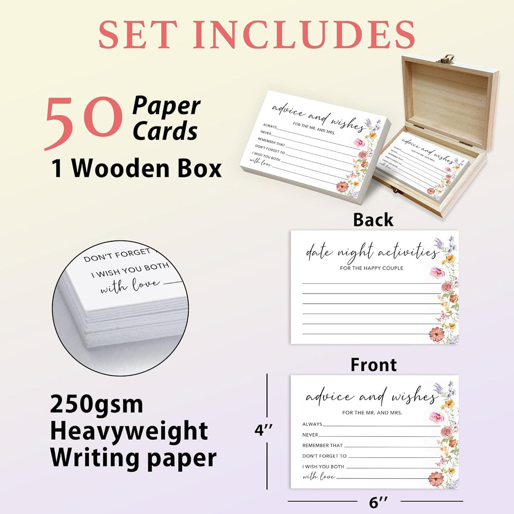 50 Pcs Advice and Wishes for the Mr and Mrs Cards in Box - Bridal Shower Guest Book - Perfect for Newlywed Games, Reception Decor, Engagement Parties & Anniversary Wishes(Wildflower) - B06