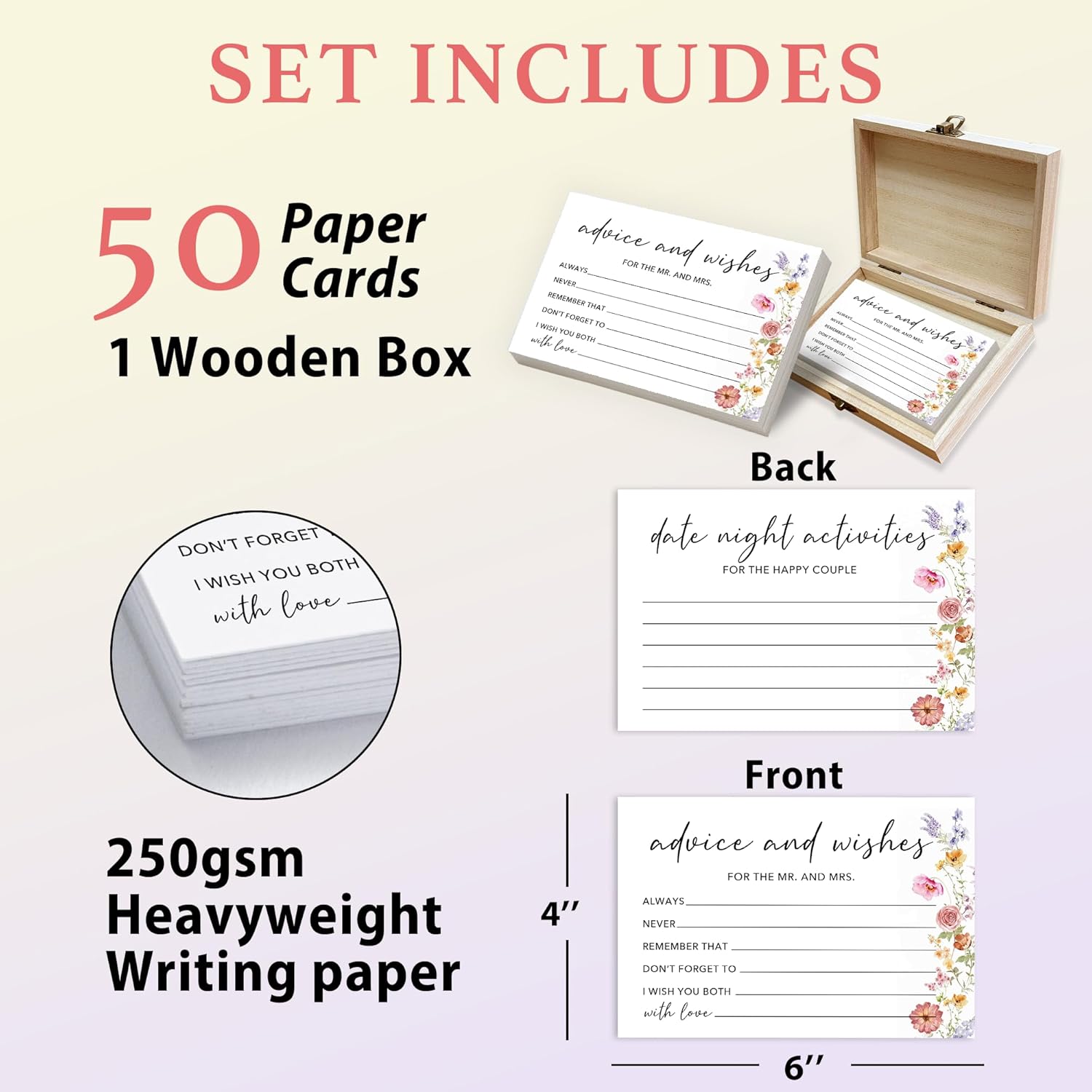 50 Pcs Advice and Wishes for the Mr and Mrs Cards in Box - Bridal Shower Guest Book - Perfect for Newlywed Games, Reception Decor, Engagement Parties & Anniversary Wishes(Wildflower) - B06