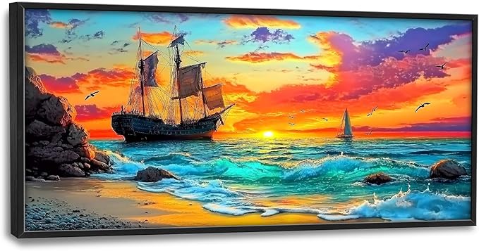 Framed Large Ship Wall Art for Living Room, Oversized Coastal Beach Boat Wall Decor Nautical Seascape Sailboat Canvas Painting Modern Artwork Home Decoration for Living Room Bedroom 60"x30"-PawvioPets