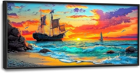 Framed Large Ship Wall Art for Living Room, Oversized Coastal Beach Boat Wall Decor Nautical Seascape Sailboat Canvas Painting Modern Artwork Home Decoration for Living Room Bedroom 60"x30"-PawvioPets