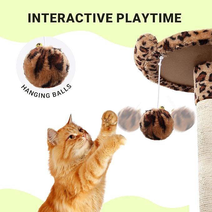 Allewie 64 Inches Cat Tree Tower/Multi-Level Activity Center for Indoor Big Felines/2 Plush Condos/2 Perchs/Basket/House/Sisal Scratching Posts/Hanging Cat Toys/Leopard Print-PawvioPets