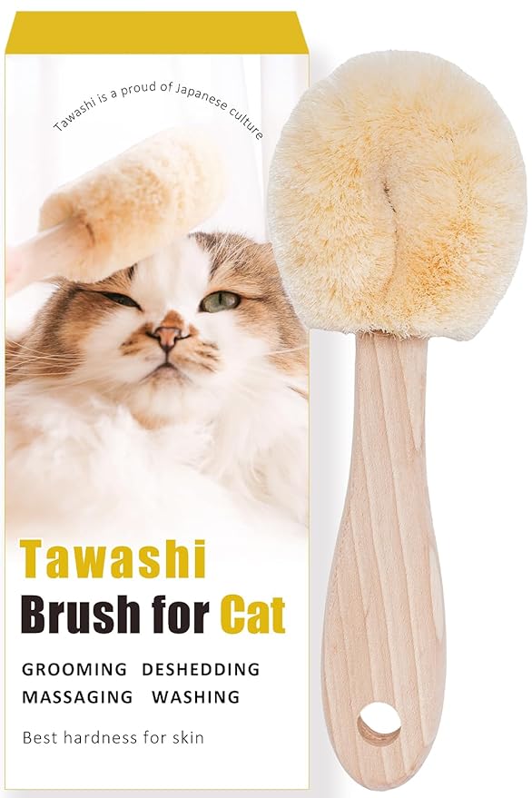 Cat Grooming Massage Tawashi Brush with Wood Handle Less Static Natural Sisal fiber Made in Japan (Type-B)-PawvioPets