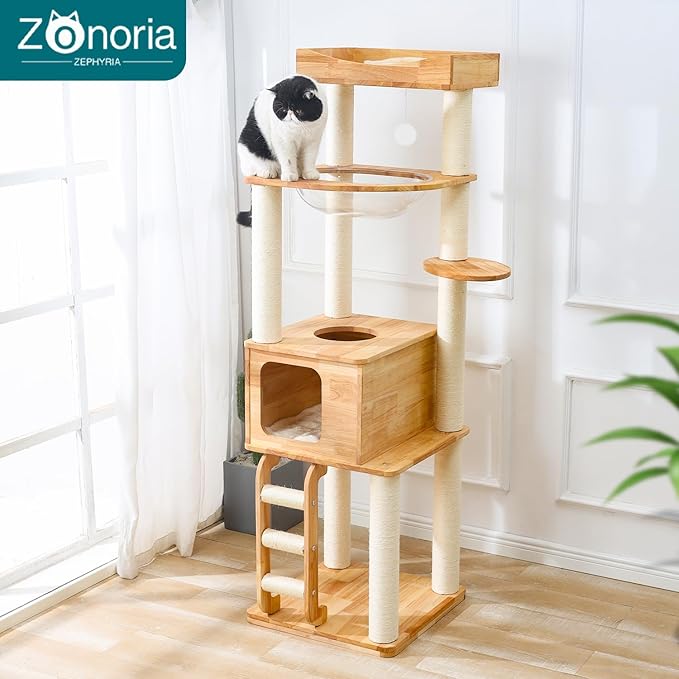 65-inch Tall Cat Tree，Cat Tower for Indoor Cats with Feel-Safe Enclosed Cat Cave、Scratching Post、Space Capsule Nest and Cat Ladder-PawvioPets