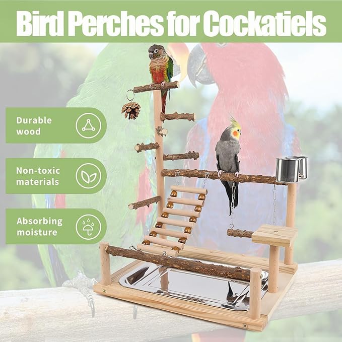 Bird Playground, Parrot Perch Stand, Natural Wood Bird Play Stands for Cockatiel Wood Perch Gym Playpen Ladder with Removable Tray and 2 Stainless Steel Cups, Bird Cage Accessories, Parrot Swing-PawvioPets