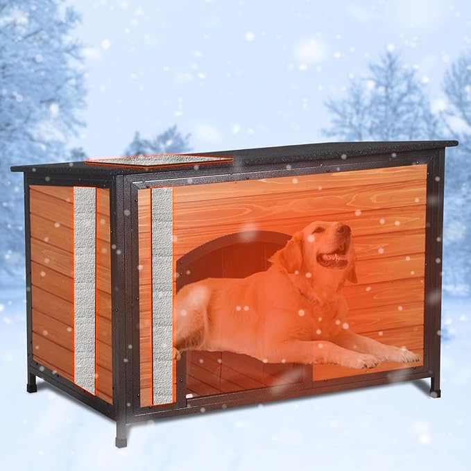 Dog House Outdoor Insulated 43.3" L Large Dog Kennel 6 Sides All-Round Foam Winter Weatherproof for Small Medium Large Dogs with Strong Metal Chew Proof Frame-PawvioPets