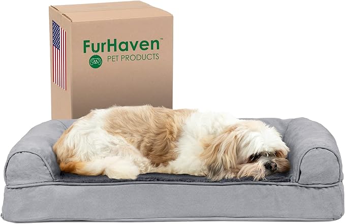 Furhaven Cooling Gel Dog Bed for Medium/Small Dogs w/ Removable Bolsters & Washable Cover, For Dogs Up to 35 lbs - Plush & Suede Sofa - Gray, Medium-PawvioPets