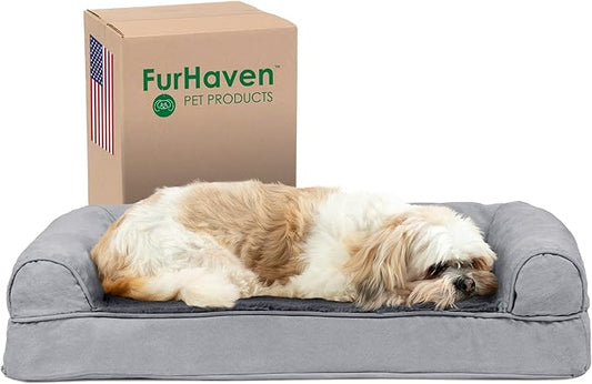 Furhaven Cooling Gel Dog Bed for Medium/Small Dogs w/ Removable Bolsters & Washable Cover, For Dogs Up to 35 lbs - Plush & Suede Sofa - Gray, Medium-PawvioPets
