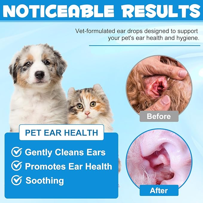 Dog Ear Infection Treatment, Cat & Dog Ear Cleaner for Itchy Relief, Antiseptic,Waxing,Cleansing, Ear Mite Treatment for Dog Cats, Yeast Ears Infection Treatment for Dogs, 2.02fl.oz-PawvioPets