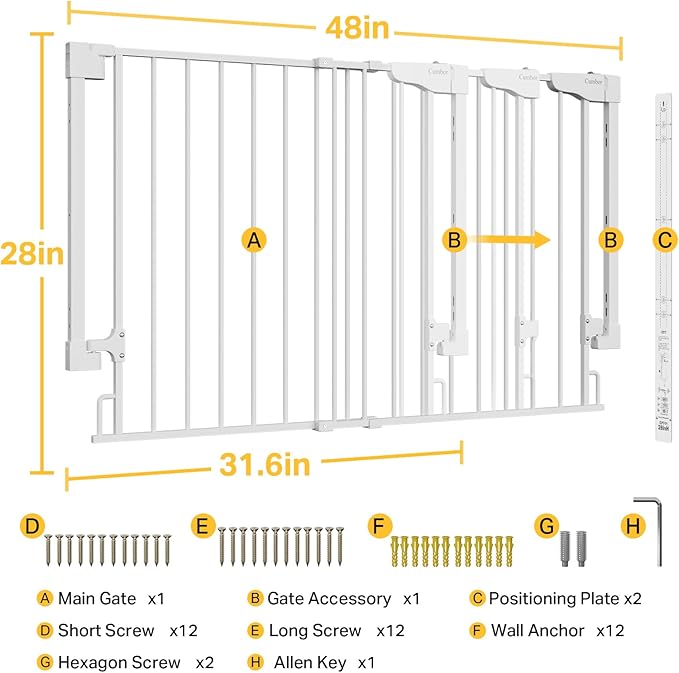 Cumbor 31.6-48" No Bottom Bar Baby Gate for Stairs, 2-in-1 Auto Close Dog Gate Indoor, Hardware Mounted Pet Gate for Doorways with Large Walk Thru Door, Child-Proof Safety Gate for Kids (White)-PawvioPets