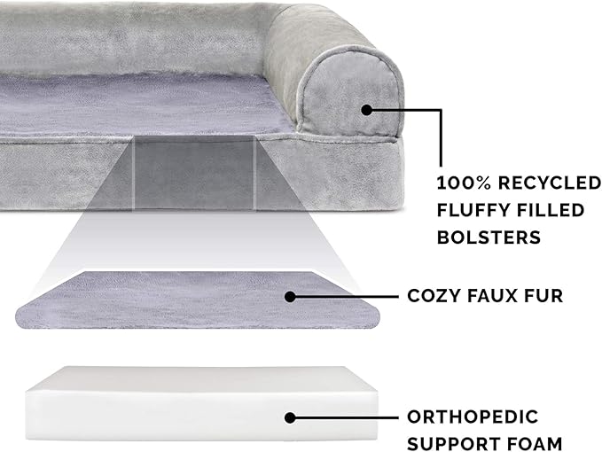 Furhaven Orthopedic Dog Bed for Large Dogs w/ Removable Bolsters & Washable Cover, For Dogs Up to 125 lbs - Faux Fur & Velvet Sofa - Smoke Gray, Jumbo Plus/XXL-PawvioPets