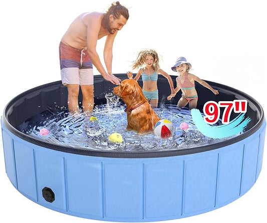 Giant Dog Pool 97"x16", Hyperzoo Foldable Dog Swimming Pool, Hard Plastic PVC Leakproof Doggie Wading Collapsible Pet Bathing Tub for Puppy Small Medium Large Dogs and Kids, Blue-PawvioPets