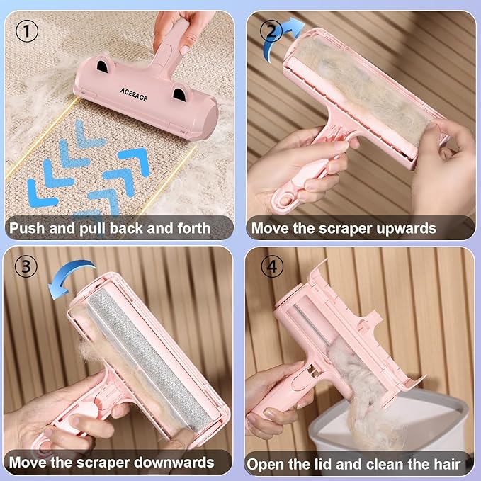 ACE2ACE Pet Hair Removal Tool, Lint Roller Brush for Cats and Dogs, Reusable Self Clean Pet Fur Remover, Pet Hair Remover for Laundry, Carpet, Furniture, Couch, Sofa and Bedding (Pink)-PawvioPets