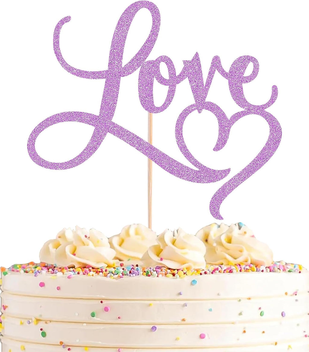 Love Cake Topper - Purple Glitter Paper Wedding Cake Decoration Supplies, Perfect for Bridal Shower/Engagement/Anniversary/Birthday Party