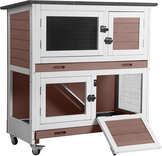 Aivituvin 2-Tier Rabbit Hutch with Tarp Door and Wheels Bunny Cage Indoor Outdoor Guinea Pig Cage Expandable with Pet Playpen 36" L, Brown-PawvioPets