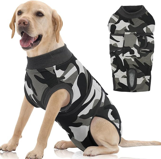 FUAMEY Dog Recovery Suit Male,Dogs Surgery Neuter Suits Puppy Spay Shirts for Female Protect Dog's Skin Anti Licking Abdominal Wounds Doggie Onesie Pet Bodysuit Alternative to Cone Grey Camouflage XXL-PawvioPets