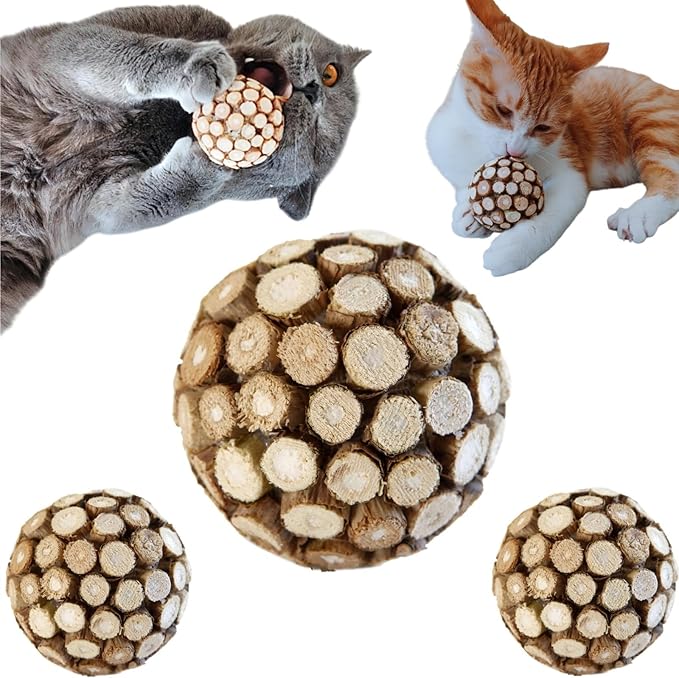 3PCS Cat Ball Toy,Silvervine Ball with Catnip Gall Fruit silvervine Sticks Powder Inside,Catnip Toys for Indoor Cats,Kitten Cleaning Teeth Cat Chew Toy-PawvioPets