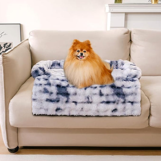 FUNNY FUZZY Pet Fluffy Fuzzy Couch Cover, Calming Washable Dog Bed Sofa Protector Pets Mat for Small Dogs and Cats (Tie-dye Blue,27.56 × 24.02 × 5.51 in)-PawvioPets