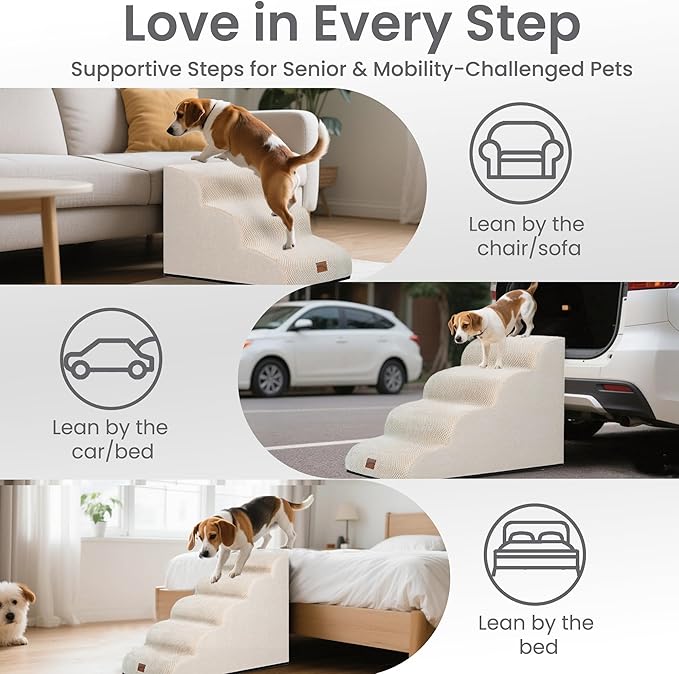 GoGoBunny Ramp Dog Stairs for Couch Sofa and Chair 15.7" H, 3-Step Pet Steps for Small Dogs and Cats, Non-Slip Waterproof Fabric Cover, Stable and Balanced Indoor Step, Pets Friendly, Beige-PawvioPets