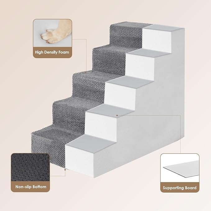 EHEYCIGA Dog Stairs for High Bed 22.5" H, 5-Step Dog Steps for Bed, Pet Steps for Small Dogs and Cats, Non-Slip Balanced Pet Ramp Indoor, Grey-PawvioPets