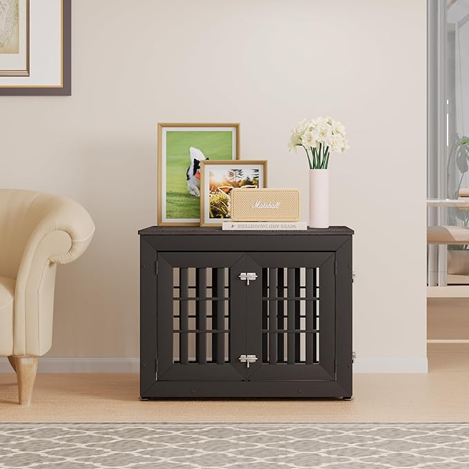 32" Heavy Duty Dog Crate Furniture for Small,Medium and Large Dogs,Rustic Wooden Dog Cage Kennel Indoor Furniture with Waterproof Top,Decorative Pet House Side End Table (Black & Grey)-PawvioPets