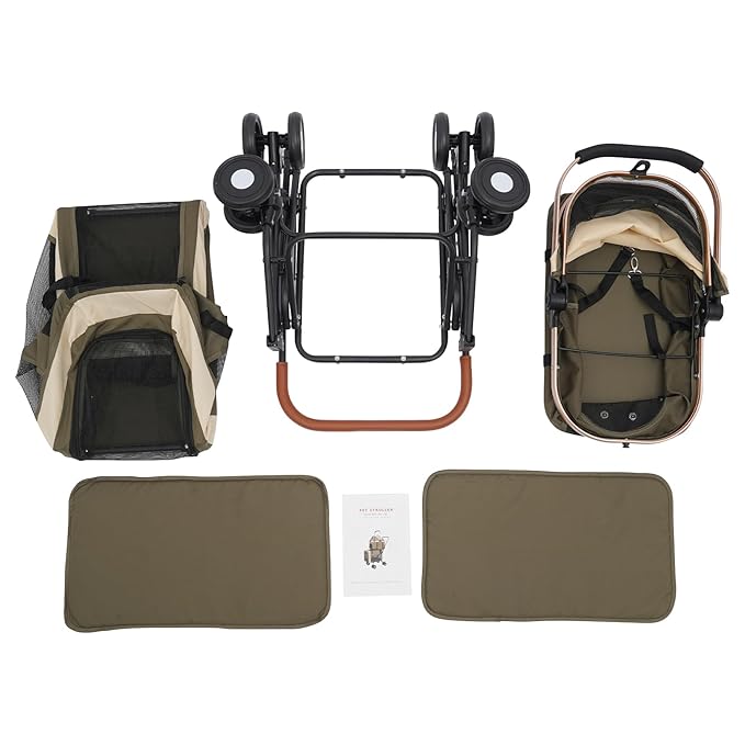 Foldable Pet Stroller for Small & Medium Dogs, Double Dog & Cat Stroller with 3-in-1 Travel System, Detachable Pet Carrier with Wheels for Cats and Dogs up to 77 lbs, Dark Green-PawvioPets