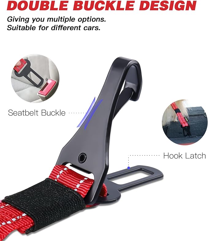 AUBELL Dog Seat Belt for Car,Updated 3-in-1 Adjustable Reflective Bungee Heavy Duty Dog Car Harness Tether with Clip Hook Latch & Buckle,Swivel Zinc Alloy Carabiner,Red-PawvioPets