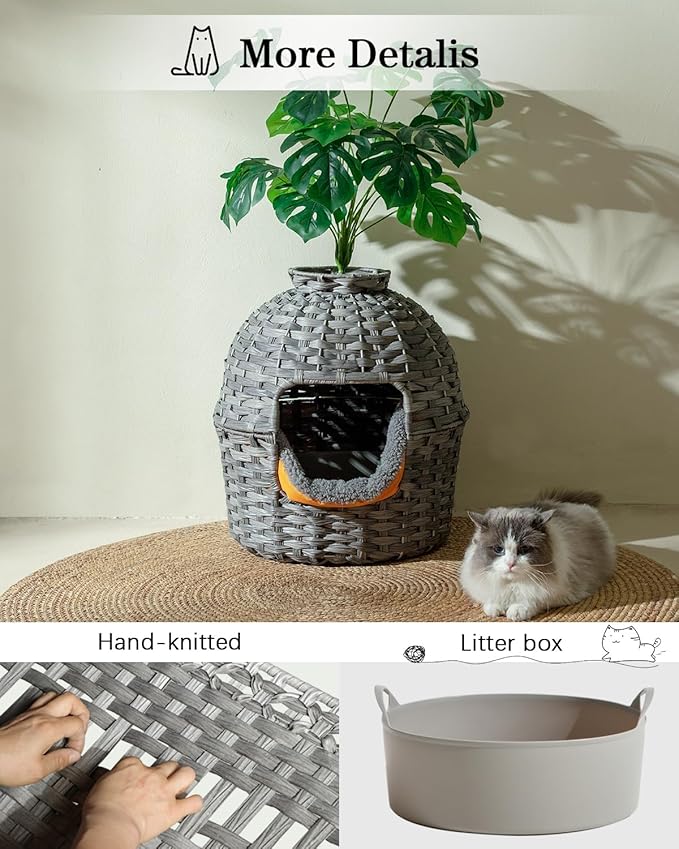 Cat Litter Box Plant Enclosure, Hidden Handwoven Rattan with Cat Litter Box Furniture and Artificial Plants, Odor Control Filter, Real Stones in Living Room, Bedroom, Corner (Gray)-PawvioPets