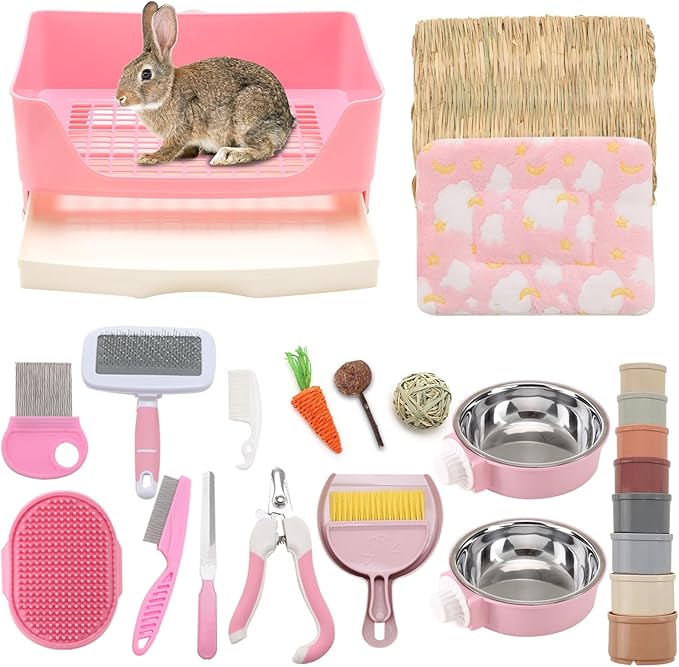 25 Pcs Large Rabbit Starter Kit, Bunny Litter Box with Drawer Animal Grooming Kit Stacking Cups Bowl Blankets Mat with Cleaning Set for Adult Guinea Pig, Ferret, Hamster, Bunnies Accessories (Pink)-PawvioPets