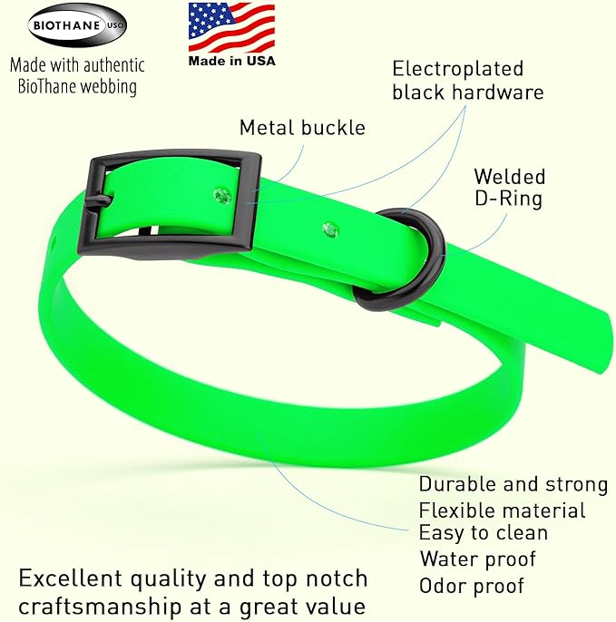 Dogline Biothane Waterproof Dog Collar Strong Coated Nylon Webbing with Black Hardware Odor- Proof for Easy Care Easy to Clean High Performance Fits Small Medium or Large Dogs, Tropical Green-PawvioPets