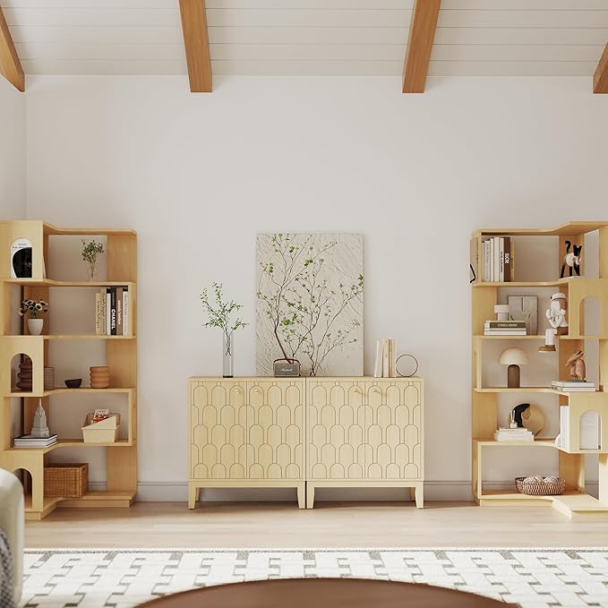 Farmhouse Storage Cabinet, Modern Buffet Sideboard with Doors, Fish Scale Pattern, Boho Cabinet for Dining Room, Natural, 2 Pieces-PawvioPets