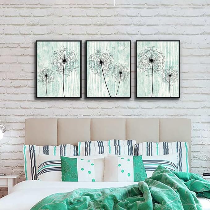 AHUASJART Black Framed Wall Art for Living Room Wall decor for Bedroom Room Decor light green background Pictures Dandelion Paintings posters kitchen Home Decorations 3 Piece Framed Prints Artworks-PawvioPets