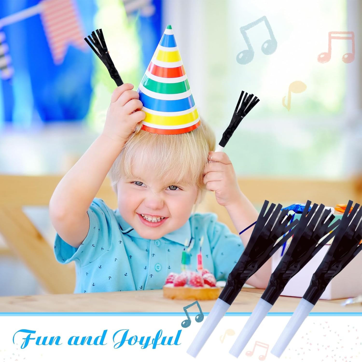 Metallic Fringed Noise Makers, 24 Pcs, Black, for Baby Shower, Kids Birthday, New Year Party