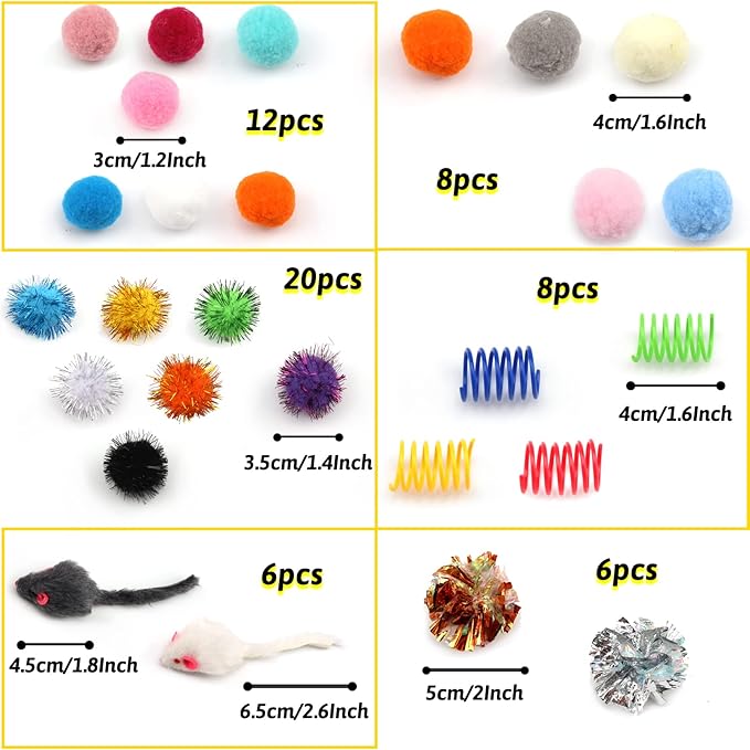 60 Pack Cat Toys - Assorted Kitten, Mouse, Crinkle & Pom Pom Balls-PawvioPets