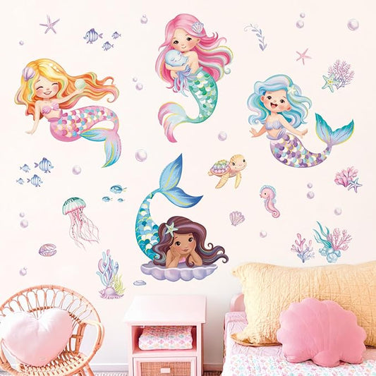 decalmile Under The Sea Mermaid Wall Decals Ocean Fish Starfish Turtle Wall Stickers Baby Nursery Girls Bedroom Bathroom Wall Decor-PawvioPets