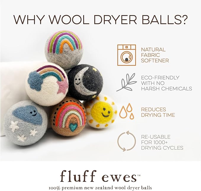 Fluff Ewes Wool Dryer Balls 6 Pack Premium New Zealand Wool Laundry Balls for Dryer, No Static Dryer Balls Laundry Reusable, XL Wool Dryer Balls Cute, Baby Dryer Balls for Dryers - Rainbow or Shine-PawvioPets