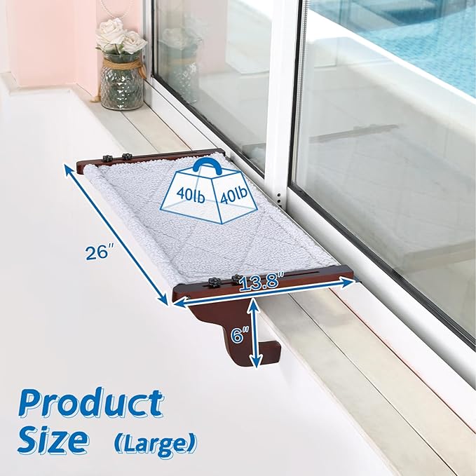 Easy Seat Cat Perch for Window Sill - Hammock Design w/Premium Wood & Robust Metal Frame - Cat Window Seat for Large Cats and Kittens (Dark Stained Wood w/Gray Bed, Large (26''W x 14''D))-PawvioPets