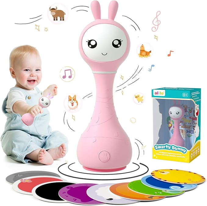 alilo Smarty Bunny Baby Rattle Musical Light Up Toys, Infants Newborns Baby Toys 0-3-6-12-18-24 Months,1 Year Old Boy Girl Gifts, 4 Music Modes and Color Recognition Function with 9 Color Card-PawvioPets