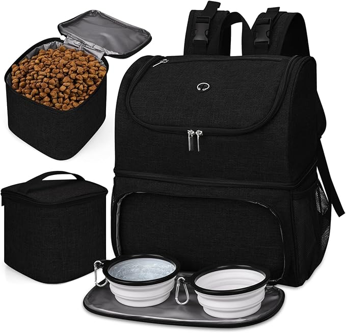 BAGLHER Pet Travel Bag, Double-Layer Pet Supplies Backpack (for All Pet Travel Supplies), Pet Travel Backpack with 2 Silicone Collapsible Bowls and 2 Food Baskets Black-PawvioPets