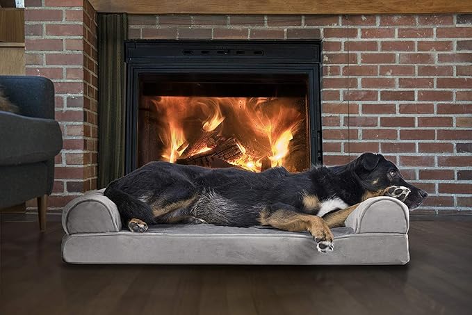Furhaven Orthopedic Dog Bed for Large/Medium Dogs w/ Removable Bolsters & Washable Cover, For Dogs Up to 55 lbs - Faux Fur & Velvet Sofa - Smoke Gray, Large-PawvioPets