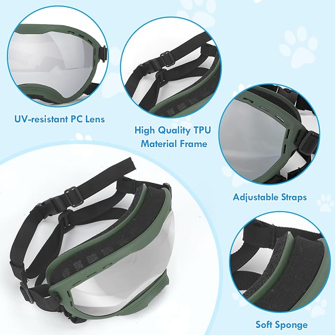 Dog Goggles for Large Dogs, UV Wind Dust Fog Protection, Soft Frame Adjustable Dog Sunglasses, Summer Driving & Winter Snow Eyewear, Tactical Pet Glasses with Elastic Strap (Green)-PawvioPets