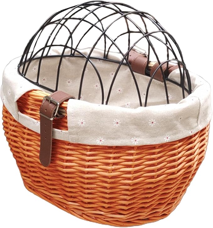 Bike Pet Basket, Wicker Bike Basket for Small Dogs Cats Pet Carrier Front Basket with Wire Mesh Cover and Lid, Wicker Basket for Dogs and Cats, Rattan Storage Basket, 11.81 * 9.84 inch (A)-PawvioPets