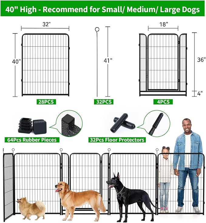 Dog Playpen Outdoor Extra Wide 32 Panels Heavy Duty Dog Fence 40" Height Anti-Rust with Doors Portable for RV Camping Yard, Total 84FT, 561 Sq.ft, Snowy Black-PawvioPets